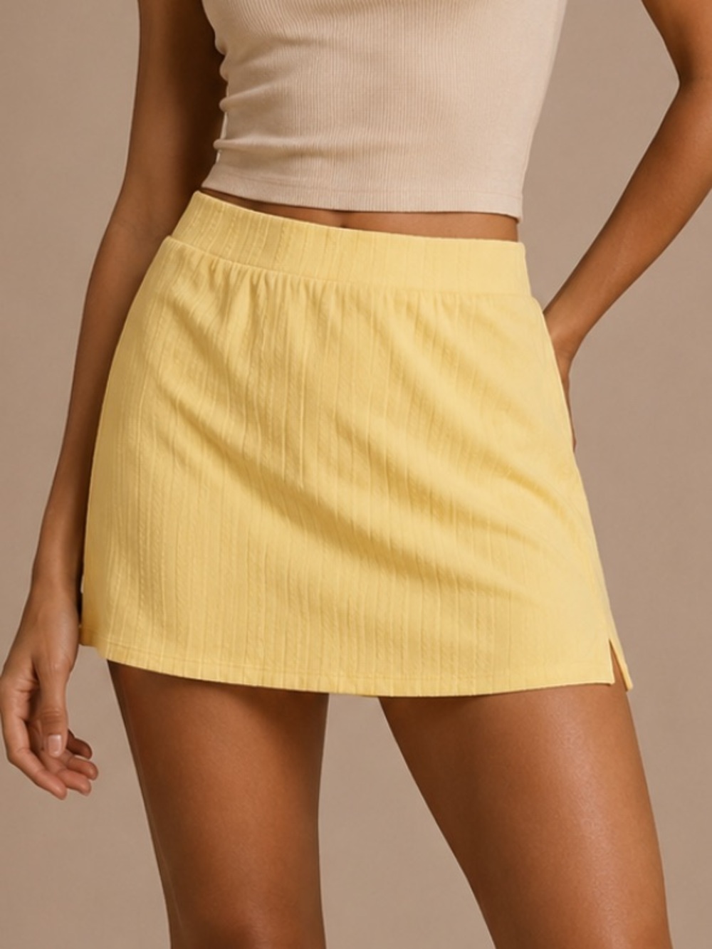 Maaji Butter Yellow Ribbed Mini Skirt Women's Size L Beach Resort
